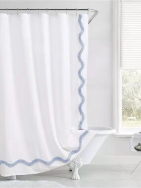 NWT Peri Home White Shower Curtain with Light Blue Wavy scallop Trim - Home Bath